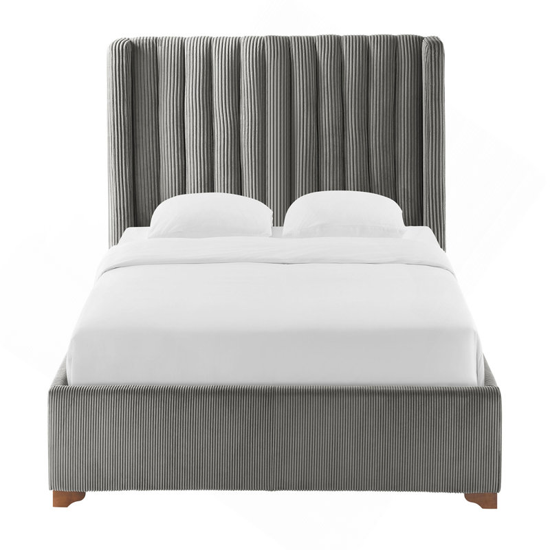 Structure de lit simple de conception moderne avec lit simple et grand lit tapissier avec tête de lit en velours côtelé, lattes en bois, sommier non requis, sommier gris foncé