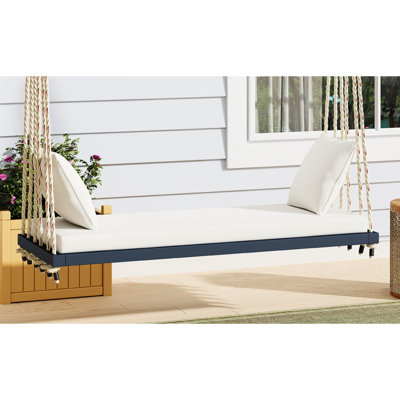Balançoire suspendue en bois pour patio avec cadre en bois, coussin et deux oreillers, cordes en chanvre de 3,3 m pour pelouse arrière, supporte jusqu'à 181 kg, 5 couleurs au choix, pour porche, jardin ou extérieur, assise confortable.