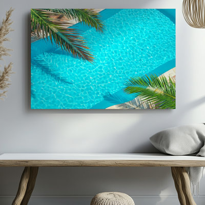 Tropical Palm Trees Over Crystal Clear Blue Water Swimming Pool Canvas Wall Art Print For Living Room, Bedroom, Office, Hallway, Entryway, Gallery Wall And Modern Home Decor