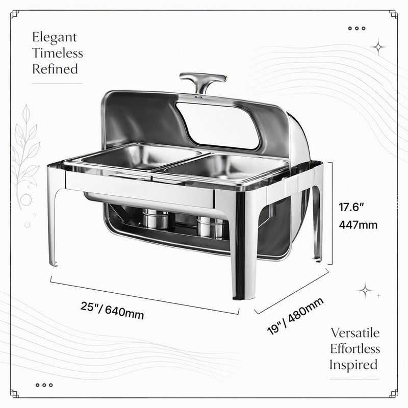 Ensemble de chafing dish rectangulaire de 4 pintes à couvercle roulant avec 2 demi-bacs, en acier inoxydable, idéal pour les buffets et les événements.