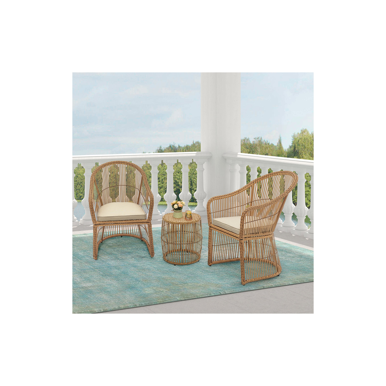 Lustig 3 Piece Rattan Seating Group with Cushions, Natural