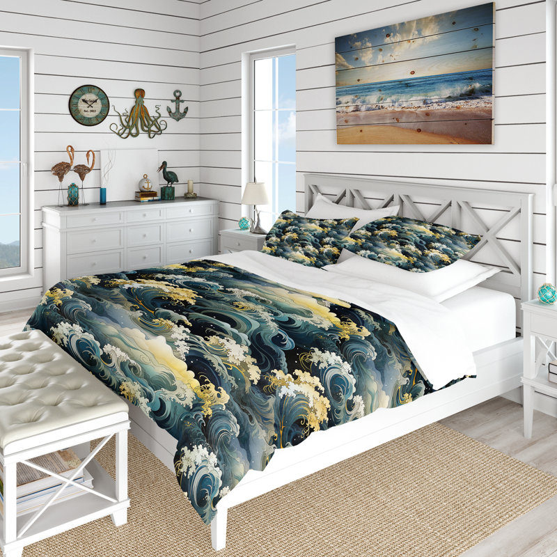 Ensemble de housse de couette Hokusai, Housse de couette pour grand lit et 2 taies décor