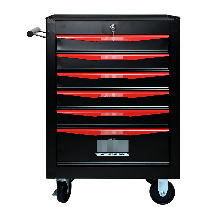 Boîte à outils noire et rouge avec glissières à roulement et base stable à 6 tiroirs, Noir / Rouge