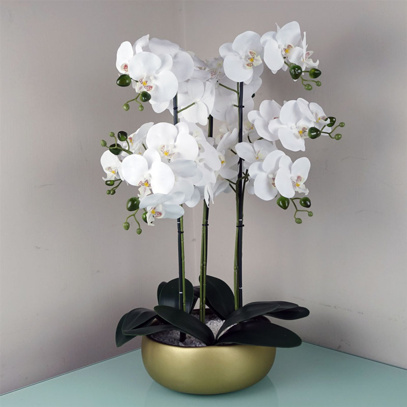 Plastic, Silk Artificial Arrangement in Planter, White, Gold