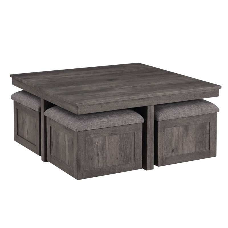 38" Rustic Wood Coffee Table With Storage Stools