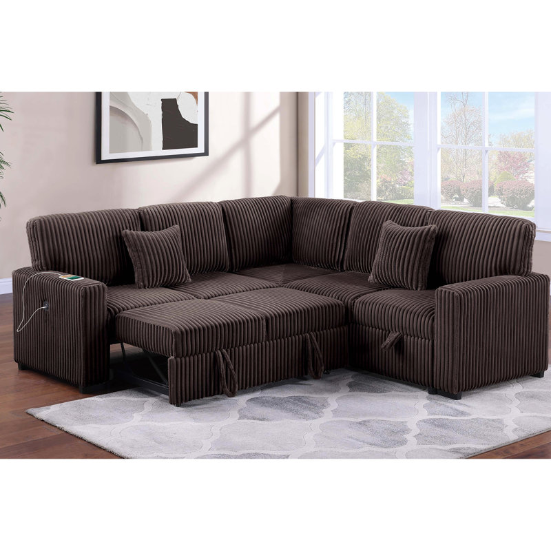 Canapé d'angle convertible 3 pièces de style moderne avec rangement réversible et lit gigogne, couleur bâbord, finition chocolat, revêtement en fibres, idéal pour le salon, rangement, velours côtelé, ressorts.