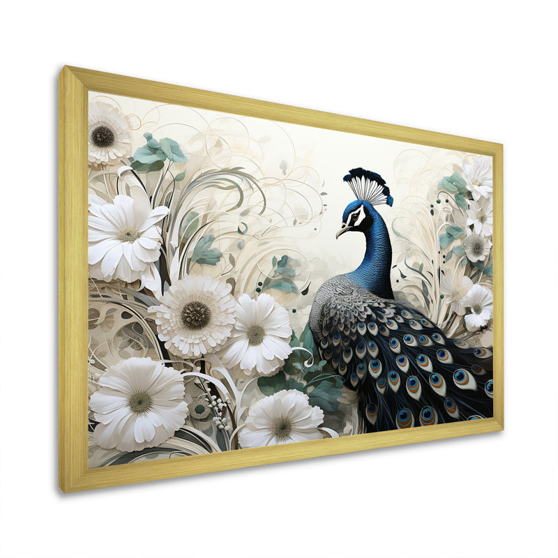 «Vintage Fantasy Peacock In Enchanted Flowers III», reproduction sur toile, Cadre photo doré simple