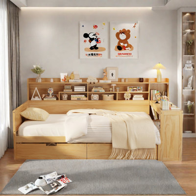 Multifunctional Wooden Daybed With Storage Shelves, Study Desk And 2 Drawers