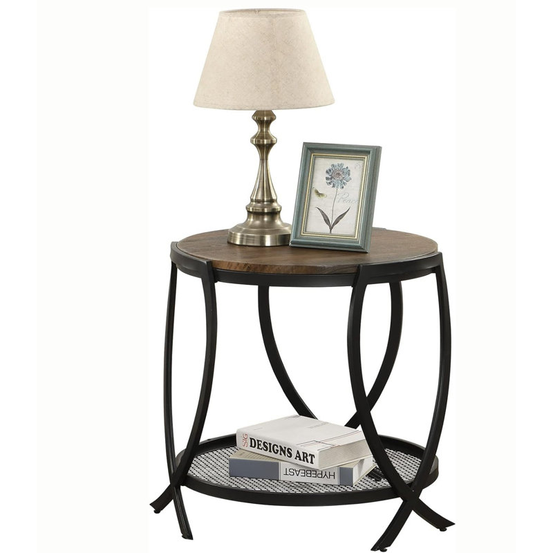 Rustic Brown Round Wood and Metal End Table with Storage Shelf