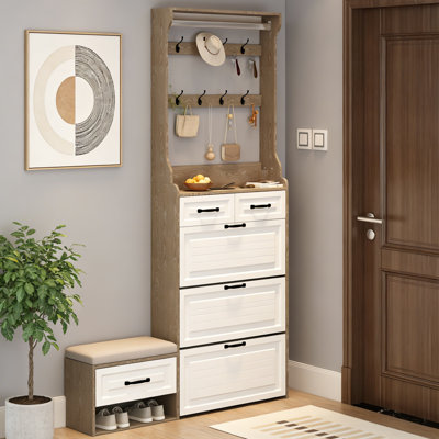 New Wooden Shoe Cabinet, 3 Doors And 2 Drawers, Equipped With Hangers And Spacious Storage Space
