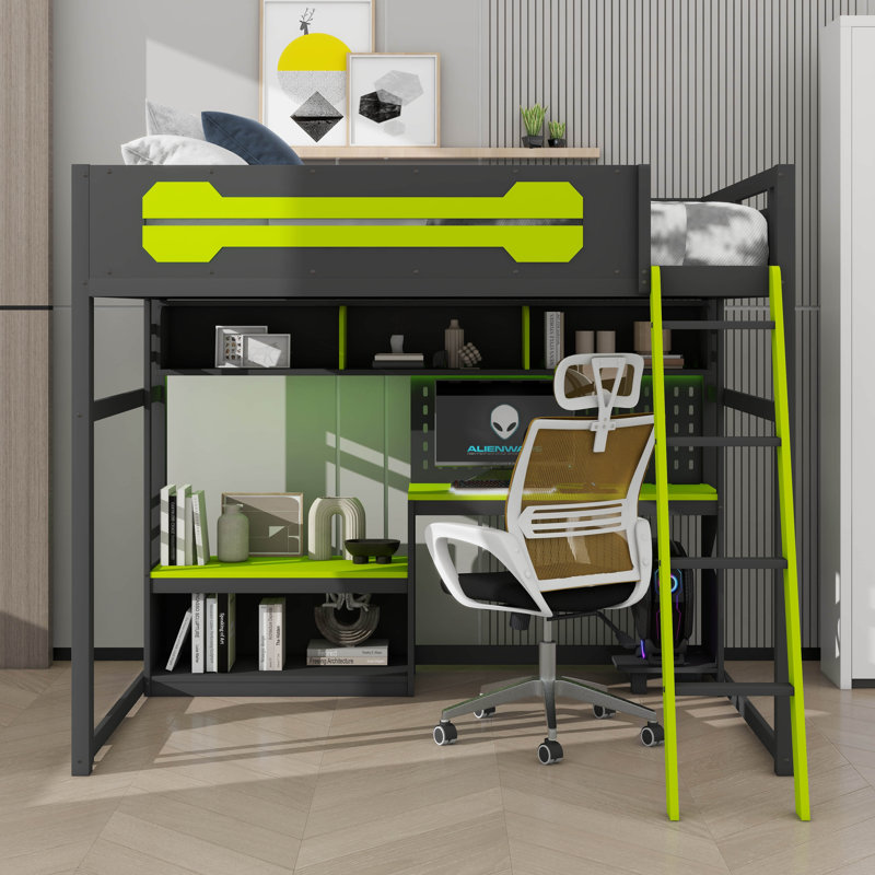 Lit mezzanine double en bois avec bureau intégré et éclairage, avec tablettes de rangement, Noir/vert