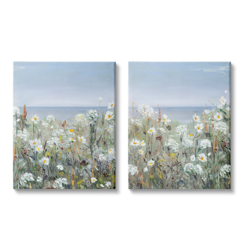 «Beachside Wild Flowers Blooming Distant Ocean Scene» par Sally Swatland - ensemble de 2 peintures sur toile tendue