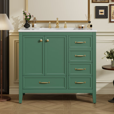 Meuble-lavabo 36 po avec lavabo, armoire à fermeture en douceur, lavabo en céramique, structure en bois massif, autoportant