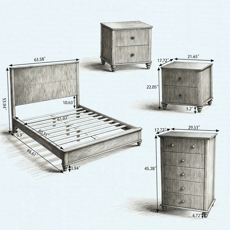 Ensemble de chambre à coucher 4 pièces avec lit plateforme grand, 2 tables de chevet cannelées et commode 5 tiroirs Kernie