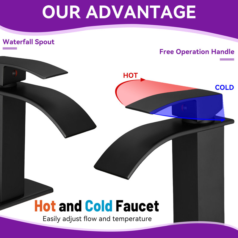 Bathroom Faucet Modern Waterfall Bathroom Sink Faucet with Single Handle Suitable for 1 or 3 Holes,Supply Deck Plate and Hose