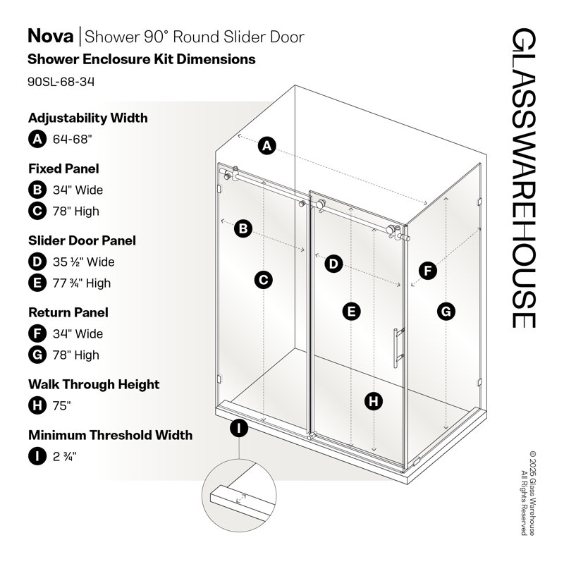 Nova 68 in. x 34 in. x 78 in. 90-degree Fully Frameless Sliding Glass Shower Enclosure, Matte Black