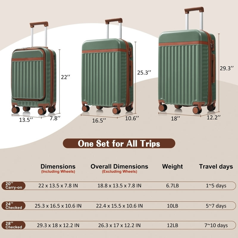 Ensemble de 3 valises, 12" H x 29.3" W x 18 " D, Green