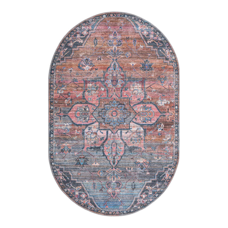 Tapis oriental rose / bleu Gwin, Ovale 5 pi 3 po x 8 pi