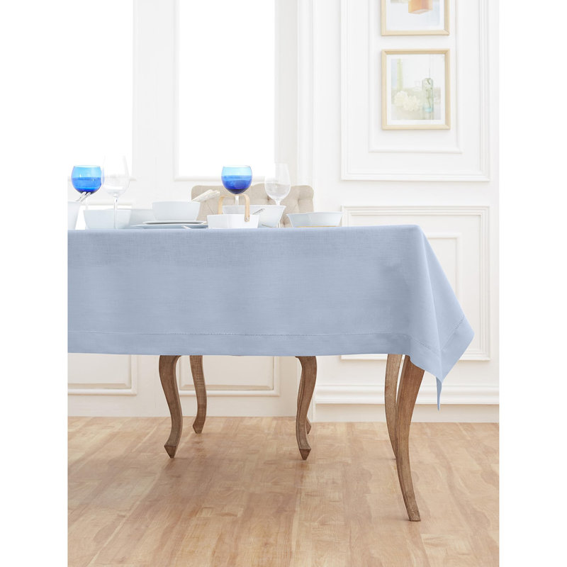 100% Pure Linen Hemstitch Table Cloth - Classic Hemstitch, Sky Blue, 156" x 60"