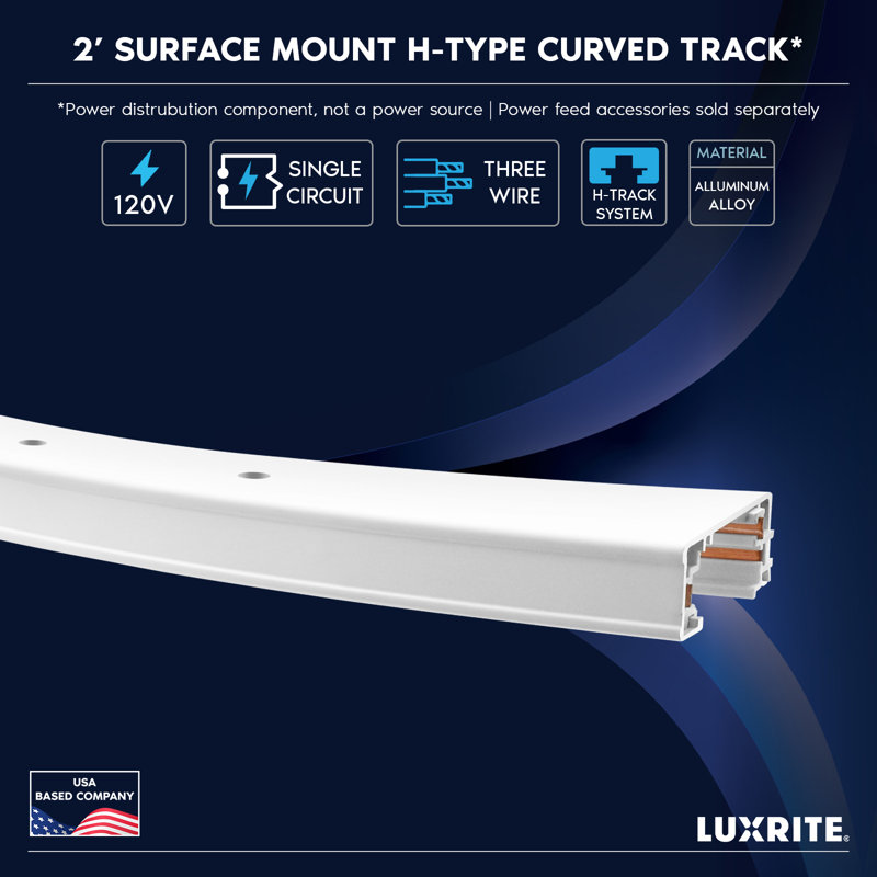 Rail d'éclairage sur rail incurvé de type H 2 pi Luxrite, rail d'éclairage à fixation en surface, compatible avec les systèmes de rail en H à 3 fils 120 V à circuit unique