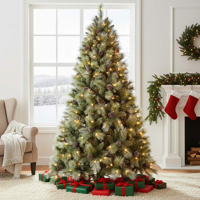Arbre de décoration de Noël vert à aiguilles dures avec support, non pré-éclairé et pré-éclairé, 6 tailles disponibles, Oui