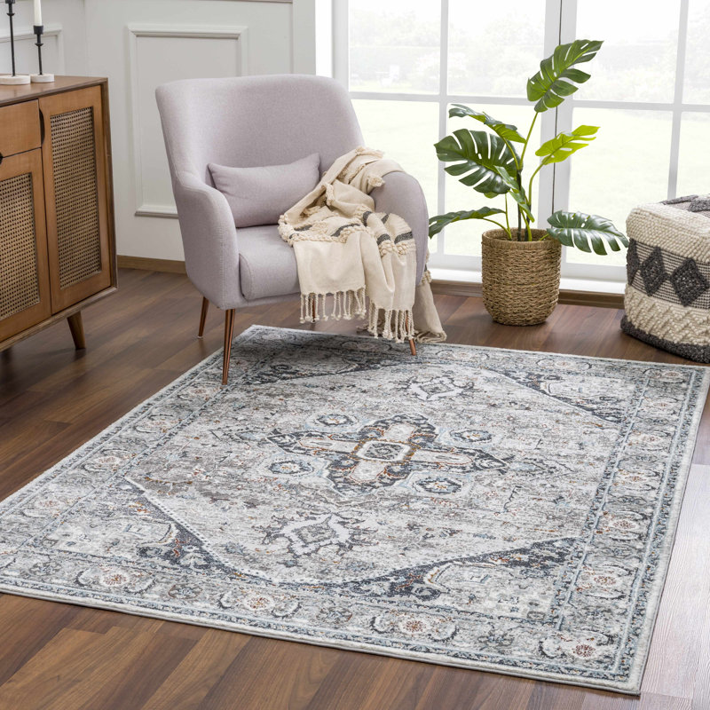 Tapis oriental en polypropylène tissé à la main bleu / gris, Rectangle 6 pi 7 po x 9 pi