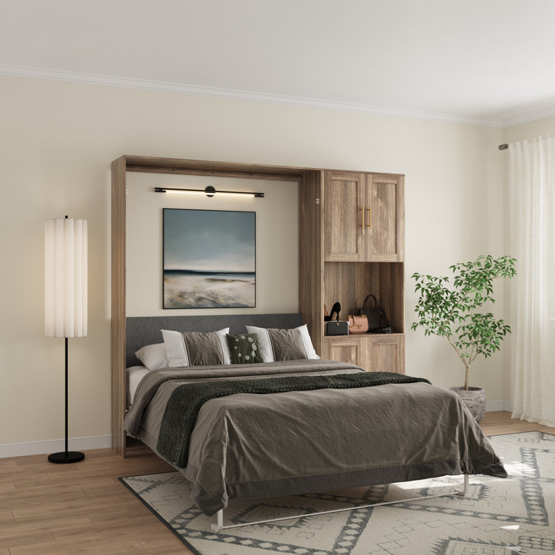 Queen Farmhouse Murphy Bed With 1 Storage Cabinets,space-saving Wall Bed For Multipurpose Room, Brown