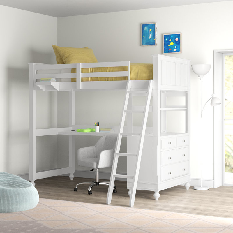 Lit mezzanine en bois massif avec bureau intégré Adriel, Base de couleur blanche, Simple