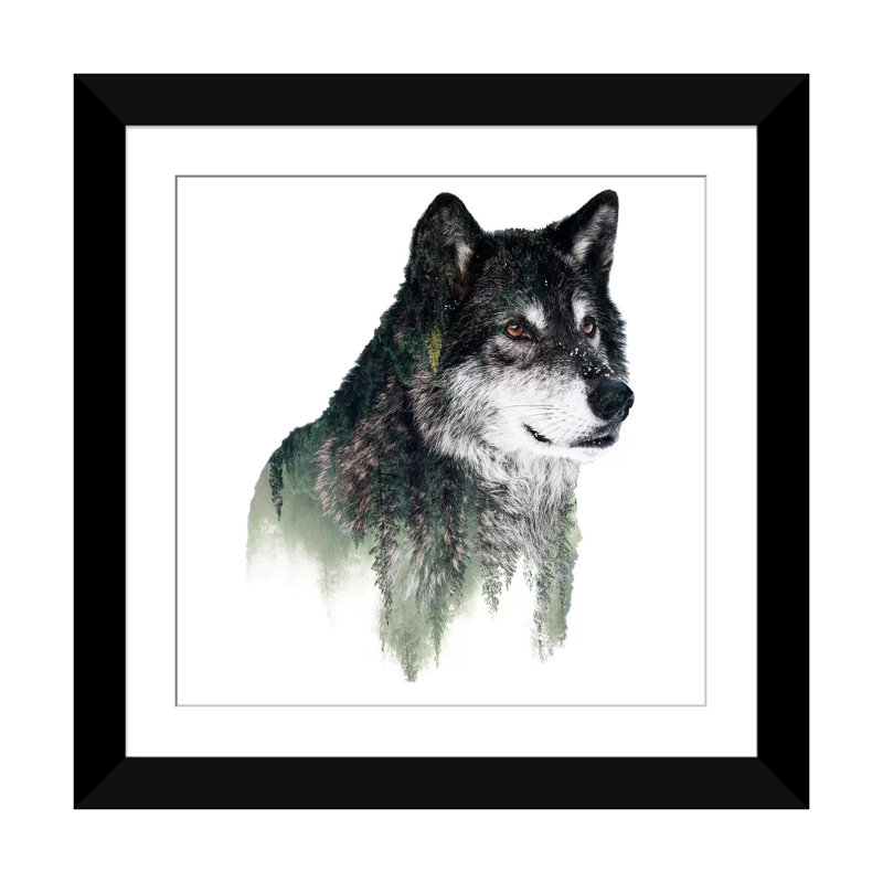 « loup i », impression sur toile, Papier avec cadre noir, H 16 po x l 16 po x P 1 po, Blanc