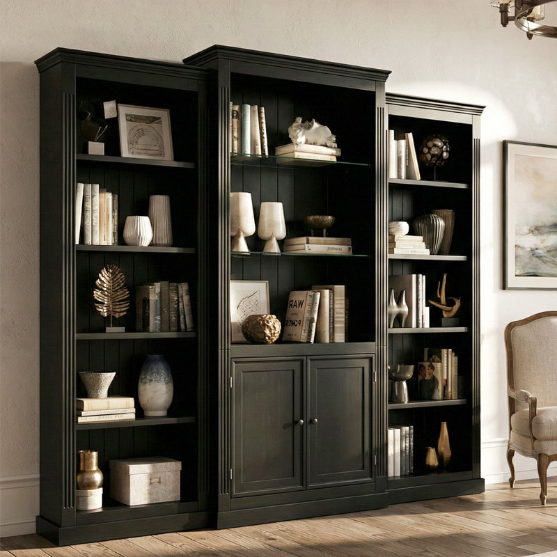 78.75'' 3-Piece Bookcase Set With 5-Color Adjustable LED Ceiling Lights, Black