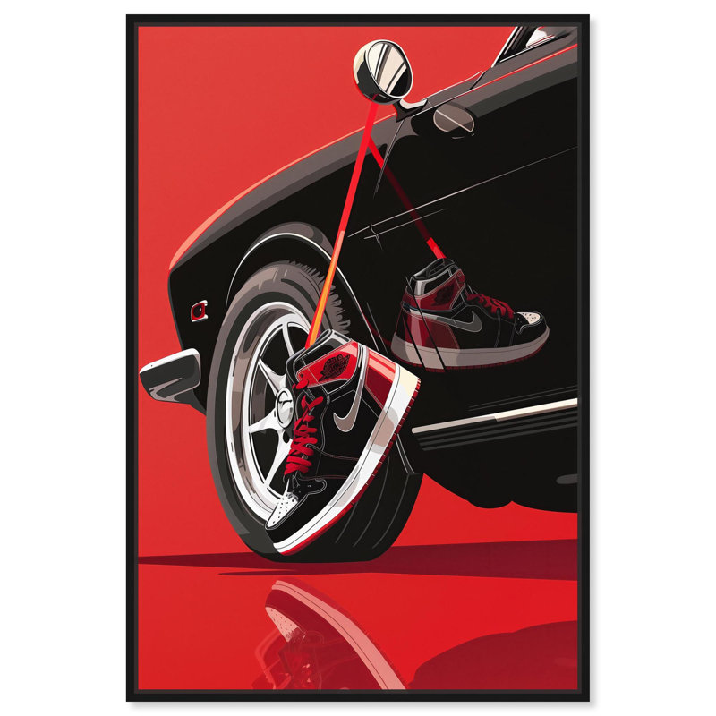 «Red Bold Sneaker and Car Canvas Sports», art mural , Cadre flottant noir, H 16 po x l 11 po