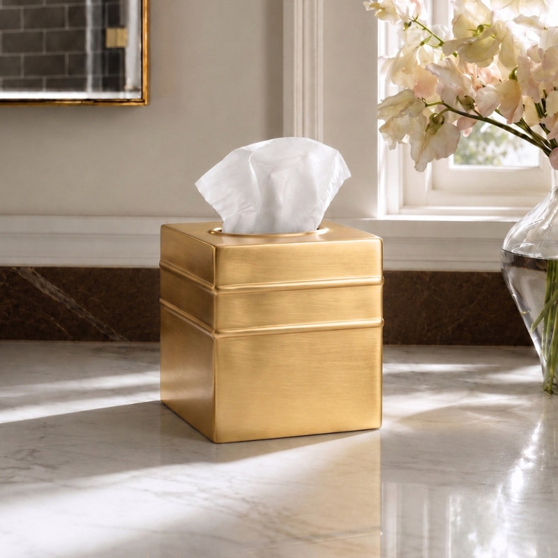 Border Embossed Metal Tissue Box Cover, Brushed Gold