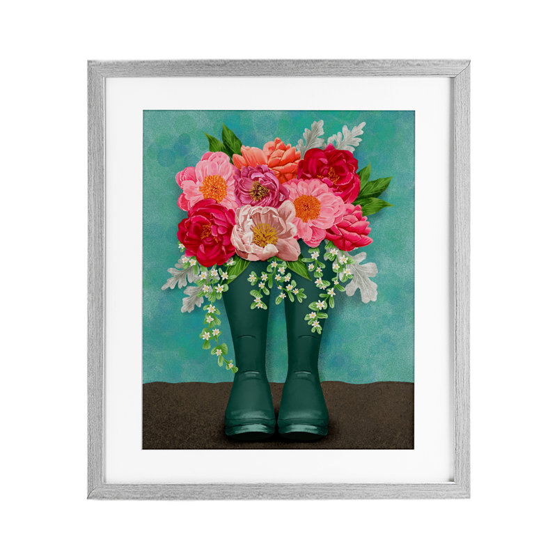 «Peony Rain Bottes», reproduction sous verre encadrée, conception de Jilly Jack Designs, H 16 po x l 13 po