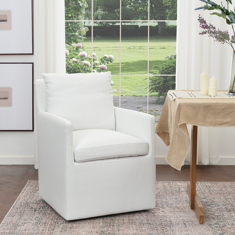Cheryal 25" Wide Modern No Assembly Upholstered Linen Down Fill Dining Armchair with Interchangeable Casters & Fixed Feet 
