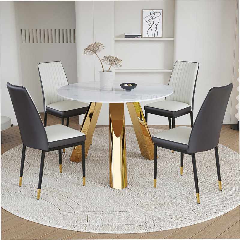 pouces de table de salle à manger ronde en pierre brûlée avec base en acier inoxydable et ensemble de chaises en polyuréthane 4 pièces