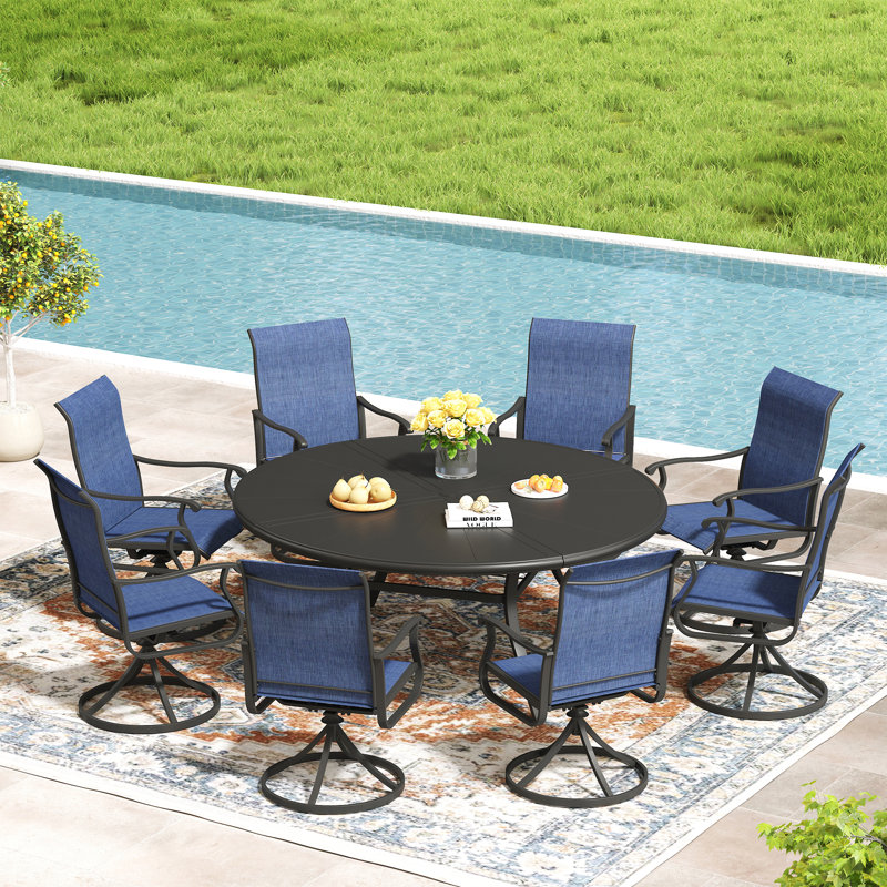 8 Person Round Patio Dining Set with 60" Round Aluminum Dining Table and 8 PVC-coated polyester Swivel Chairs, Black/Blue