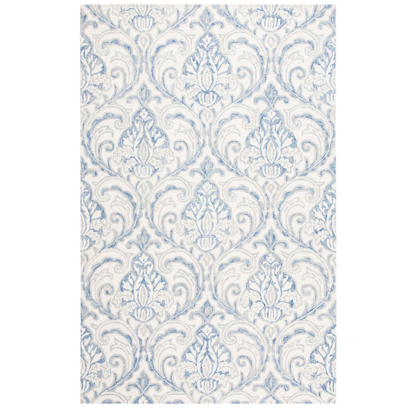 Tapis bleu marine / crème en laine touffeté à la main Hicat Ikat, Rectangle de 5 pi x 8 pi