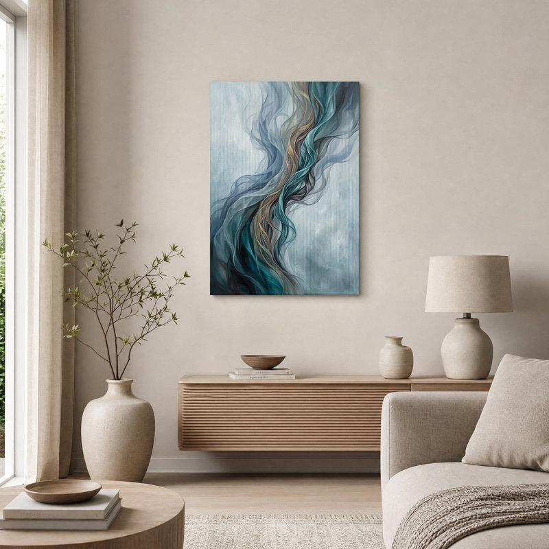 Tableau abstrait sur toile à motifs de rubans tourbillonnants bleus et or, H 30 po x l 20 po