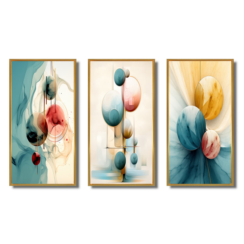 «Circular Fusion in Shades of Retro Blue II», ensemble de 3 impressions, Cadre flottant doré, H 32 po x l 48 po