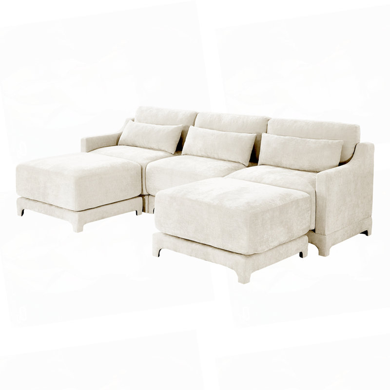 Canapé trois places en tissu de chenille avec 2 repose-pieds, White