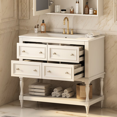 Meuble-lavabo 36 po - Beige. Bois massif, 4 tiroirs de rangement. Lavabo en céramique. Solution fonctionnelle