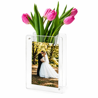 Zeldora Acrylic Picture Frame Vase, Magnetic Leak-Proof Photo Frame, Clear Lucite Floating Frame for 4x6 & 5x7 Photos, Vertical, 7.5 x 5.5 x 2 in