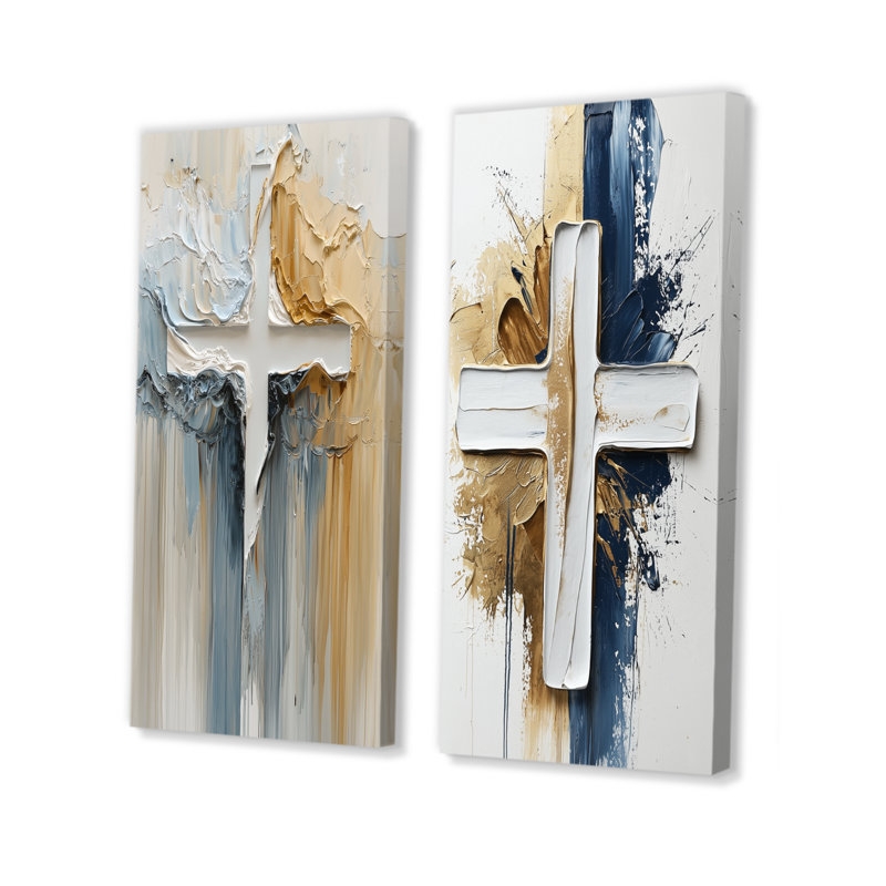 Ensemble de 2 pièces d'art mural en croix bleu et blanc, Toile tendue, H 28 po x l 24 po