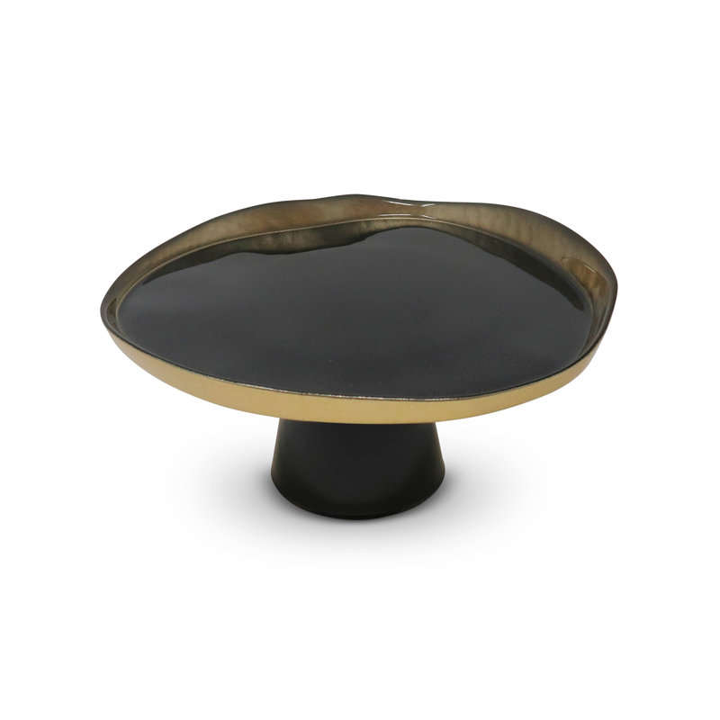 Organic Shaped Cake Plate with Gold Detail, 8.25" W x 6" H x 8.25" D, Black/Gold