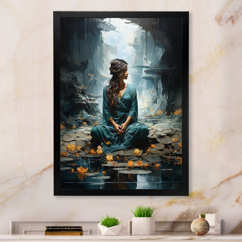 «Hinduism Yogis Tranquil Cave Teal», reproduction sur toile, Cadre simple noir, H 20 po x l 12 po x P 1 po