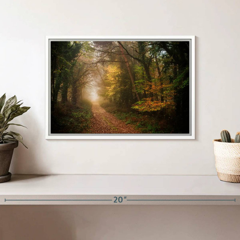Chemin dans la forêt d'automne, Cadre flottant blanc, 13 po x 9 po