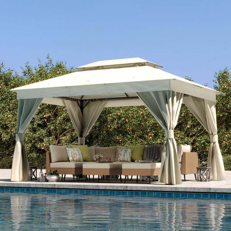 Pavillon de jardin blanc avec double toit Decksplore, moustiquaire et rideaux d'intimité, structure en métal robuste