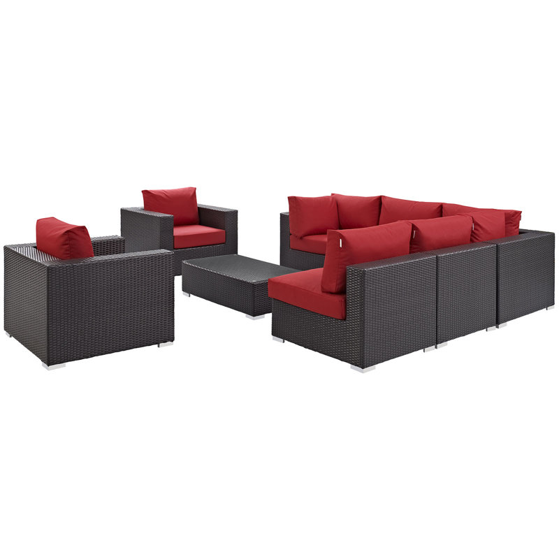 Convene 8 Piece Rattan Sectional Seating Group with Cushions, Espresso Red