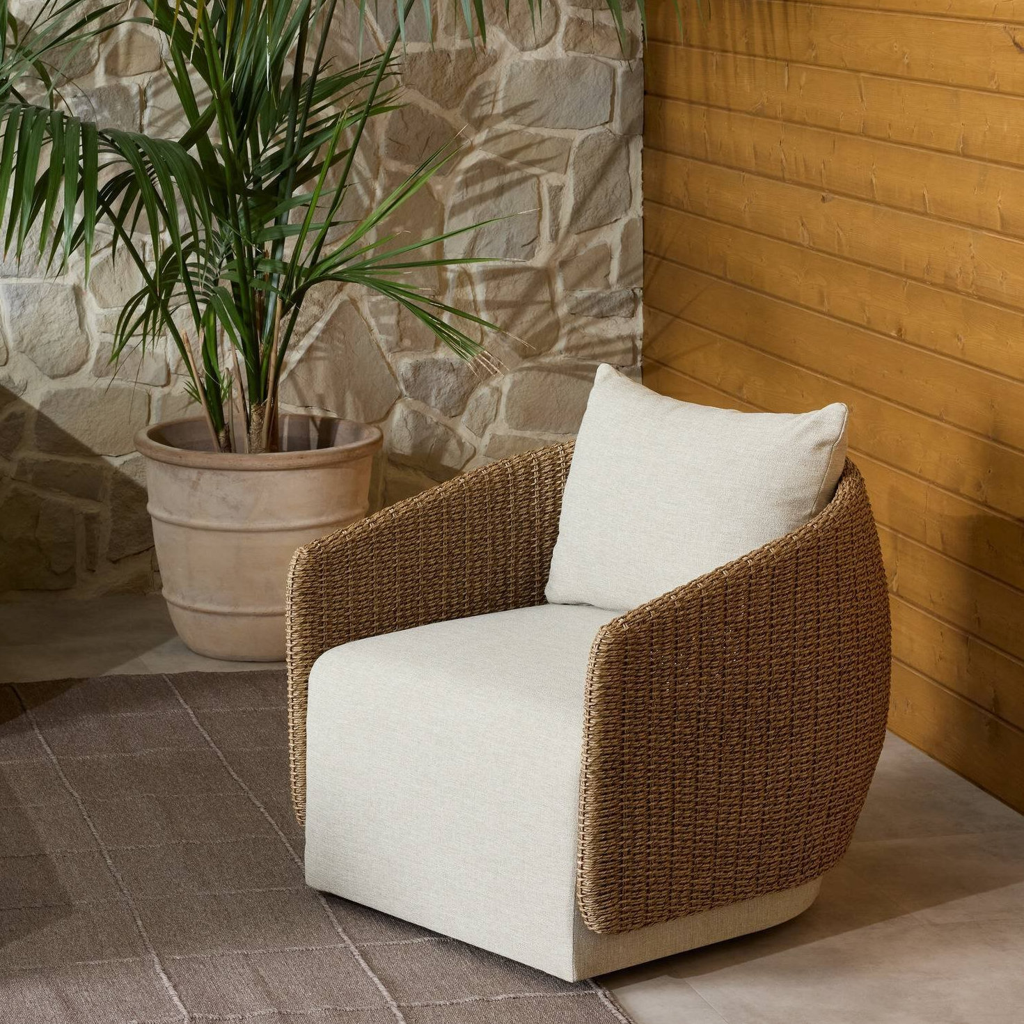 Odyn Swivel Wicker Outdoor Lounge Chair, Faux Dark Hyacinth, Alessi Buff