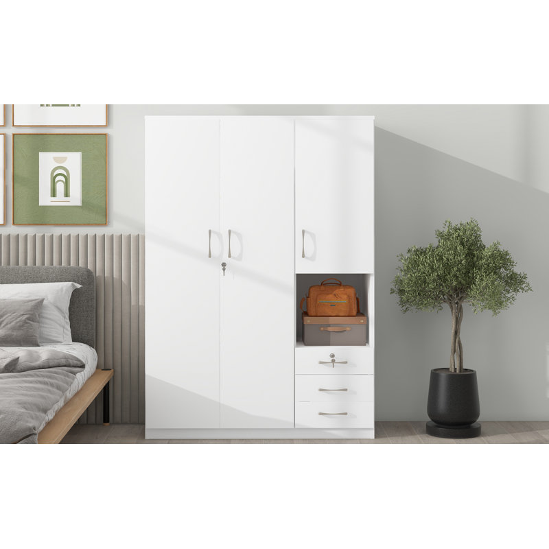 Armoire Charlie en bois avec tablettes, tringle et tiroirs, Blanc